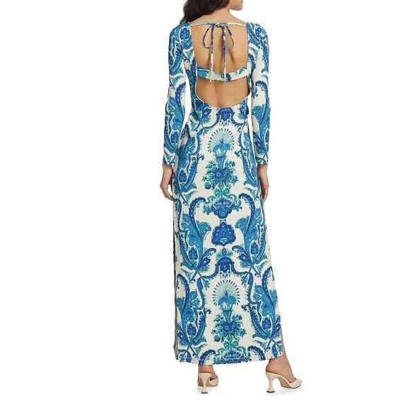 Cara Cara Aria Peacock Blue Print Long Sleeve Maxi Dress Size L - Picture 2 of 11